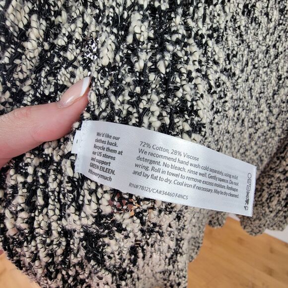 EILEEN FISHER Black White Boucle Tweed Knit Cotton Open Front Cardigan Jacket L - Picture 5 of 5